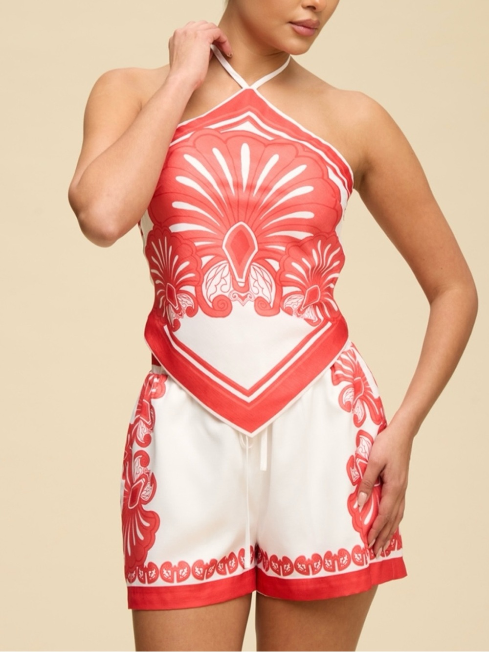 Coral & White Halter Romper with Scarf-Inspired Print